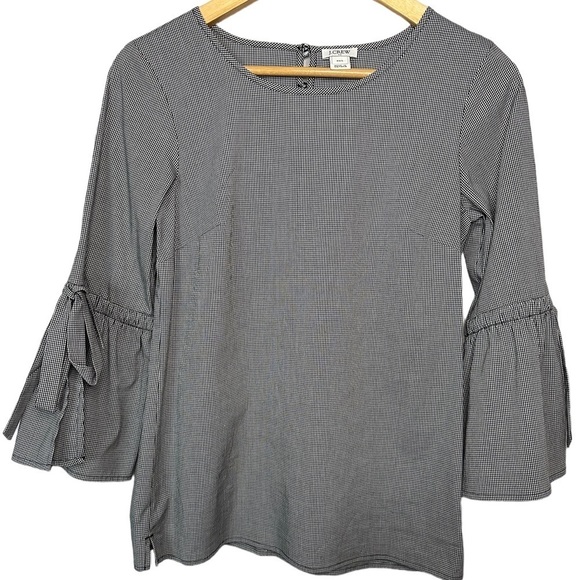 1. J Crew XXS Gingham plaid 3/4 bell flare sleeves slits bow keyhole in back - Picture 3 of 14